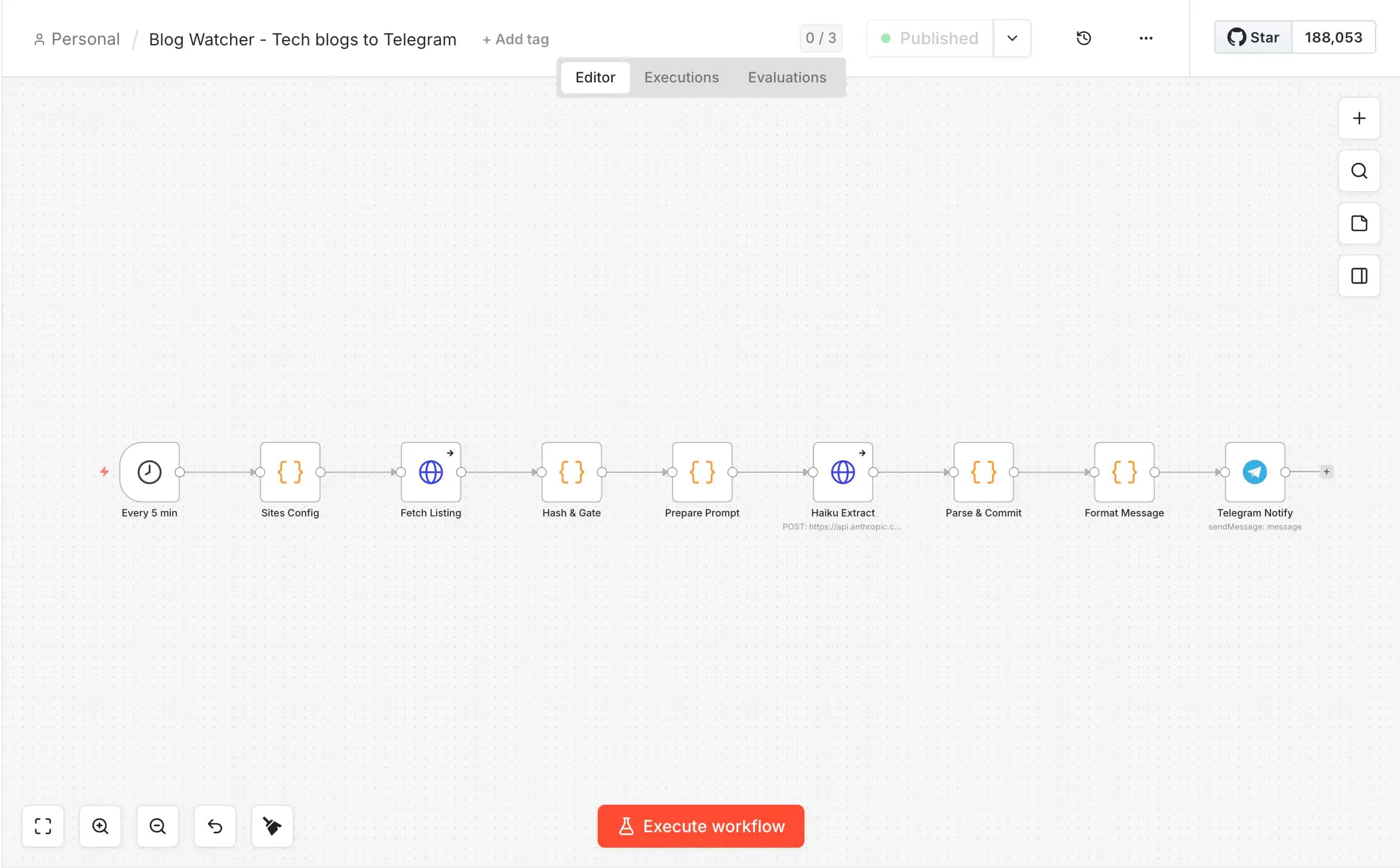 Exemple de workflow n8n : Blog Watcher de tech blogs vers Telegram