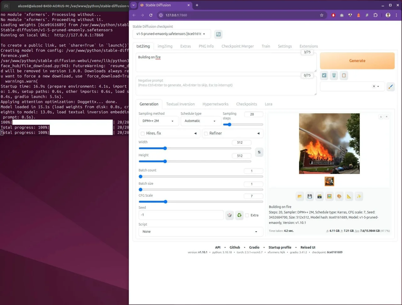 Interface Stable Diffusion WebUI exécutée en local sur GPU AMD via ROCm, avec génération d'image à partir d'un prompt